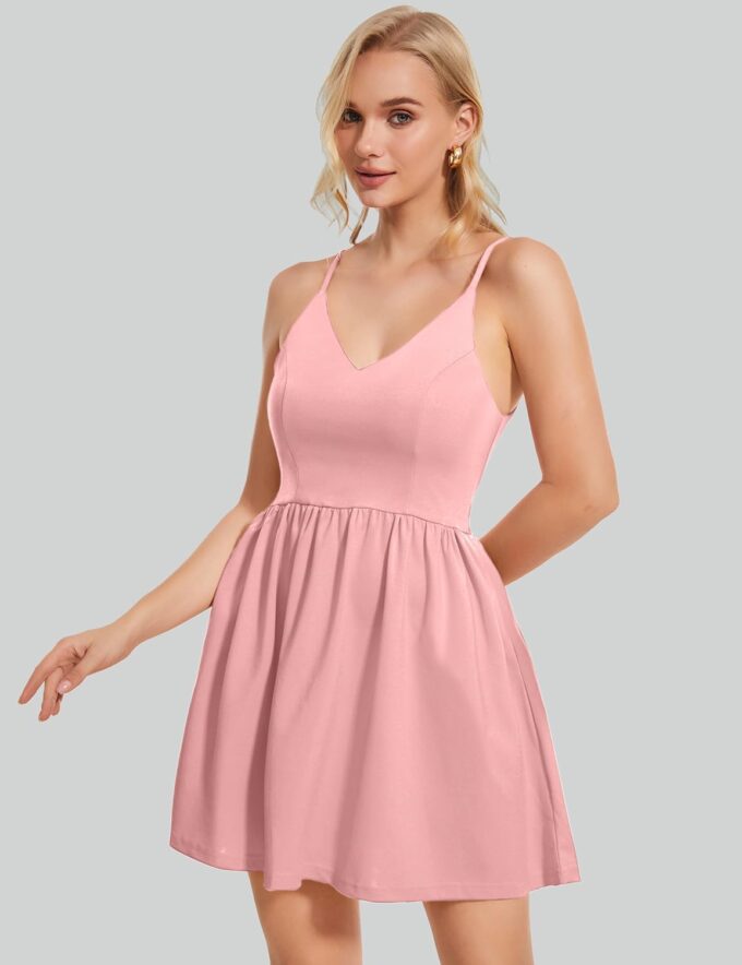 ROYLAMP Women's Casual Spaghetti Strap Dresses Elegant V-Neck A-line Swing Petite Tiered Short Mini Dress with Pockets – Bild 3