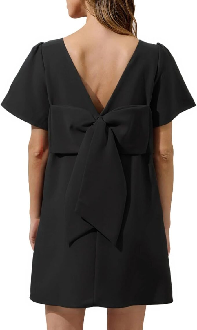 Kedera Women's Casual Mini Bow Crew Neck Short Sleeves Loose Dresses Swing Solid Shift Dress with Pockets