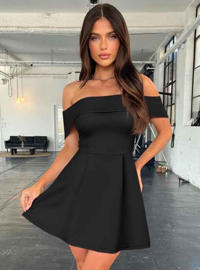 XXTAXN Women's Sexy Off Shoulder Sleeveless Wedding Guest Party Club A Line Mini Dress – Bild 4