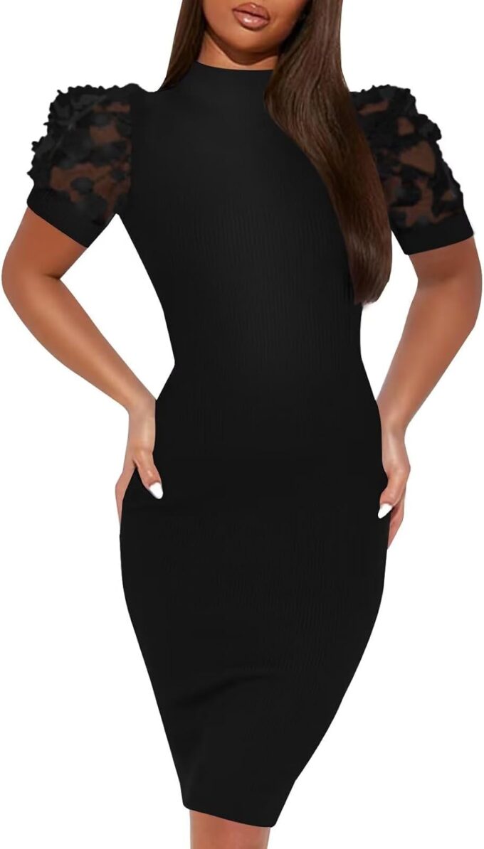 Annystore Women's Mesh See Through Sheer Dress Short Puff Sleeve Bodycon Dress Mock Neck Sexy Club Party Midi Dress Clubwear – Bild 4