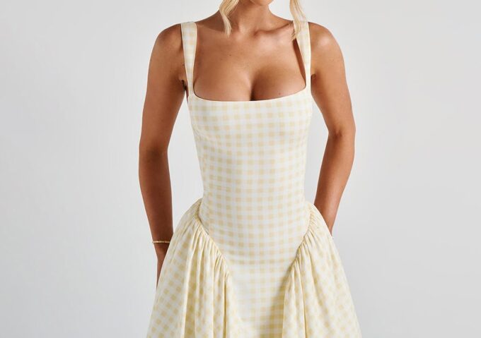 Summer Gingham Long Dress Corset Square Neck Lace Up Casual Sundress Backless A Line Short Dresses for Women – Bild 7