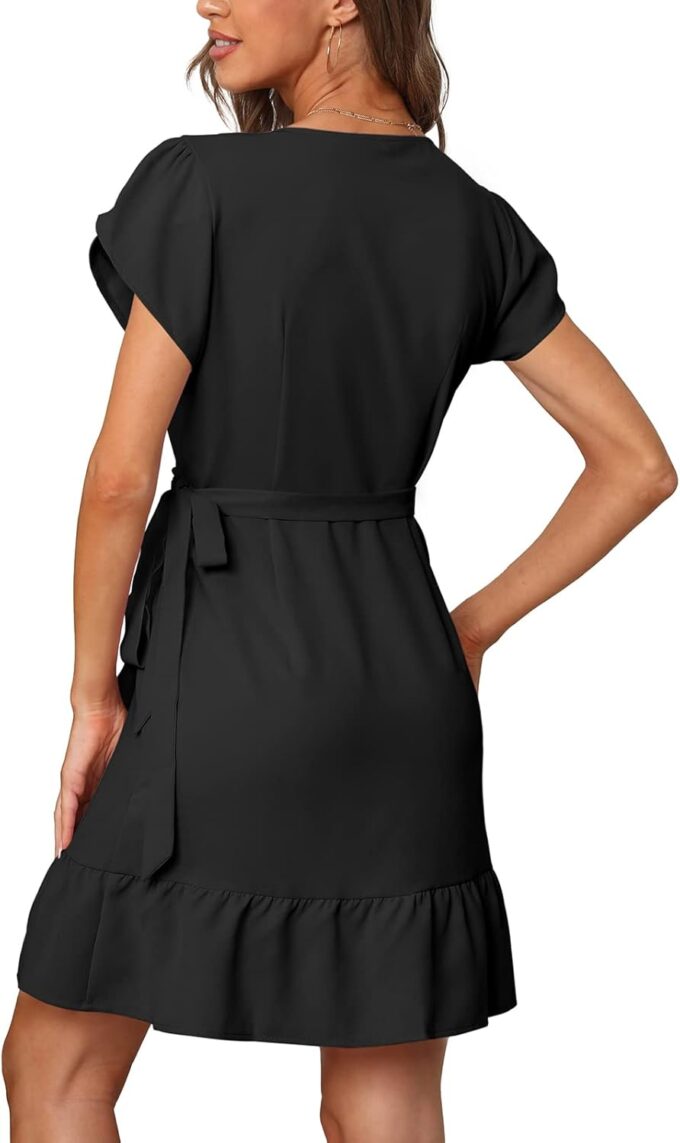 SAMPEEL Summer V Neck Wrap Petal Sleeve Short Dress with Belt for Women – Bild 5