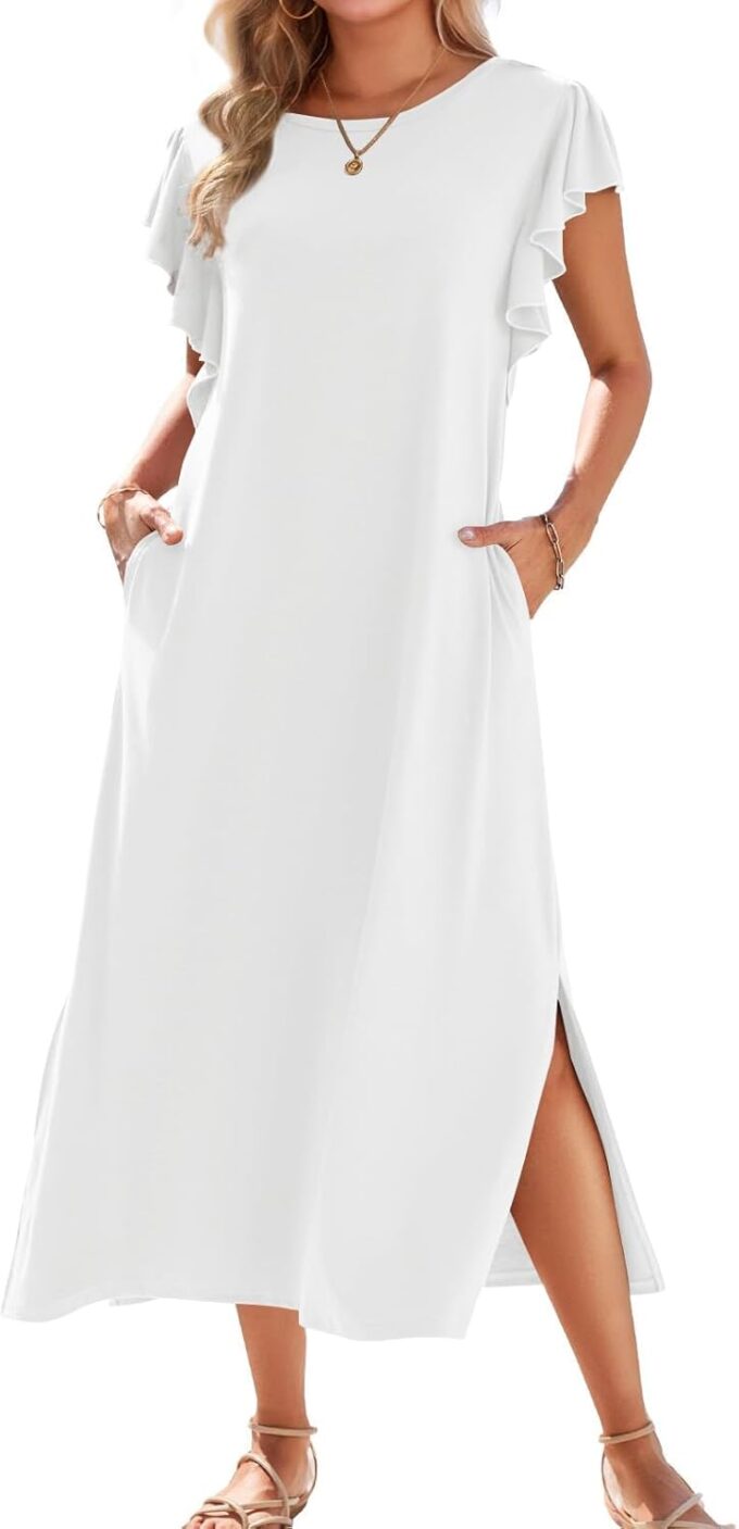 Zilcremo Women Summer Casual Ruffle Sleeve Loose Sundress Round Neck Split Long Maxi Beach Dress with Pockets
