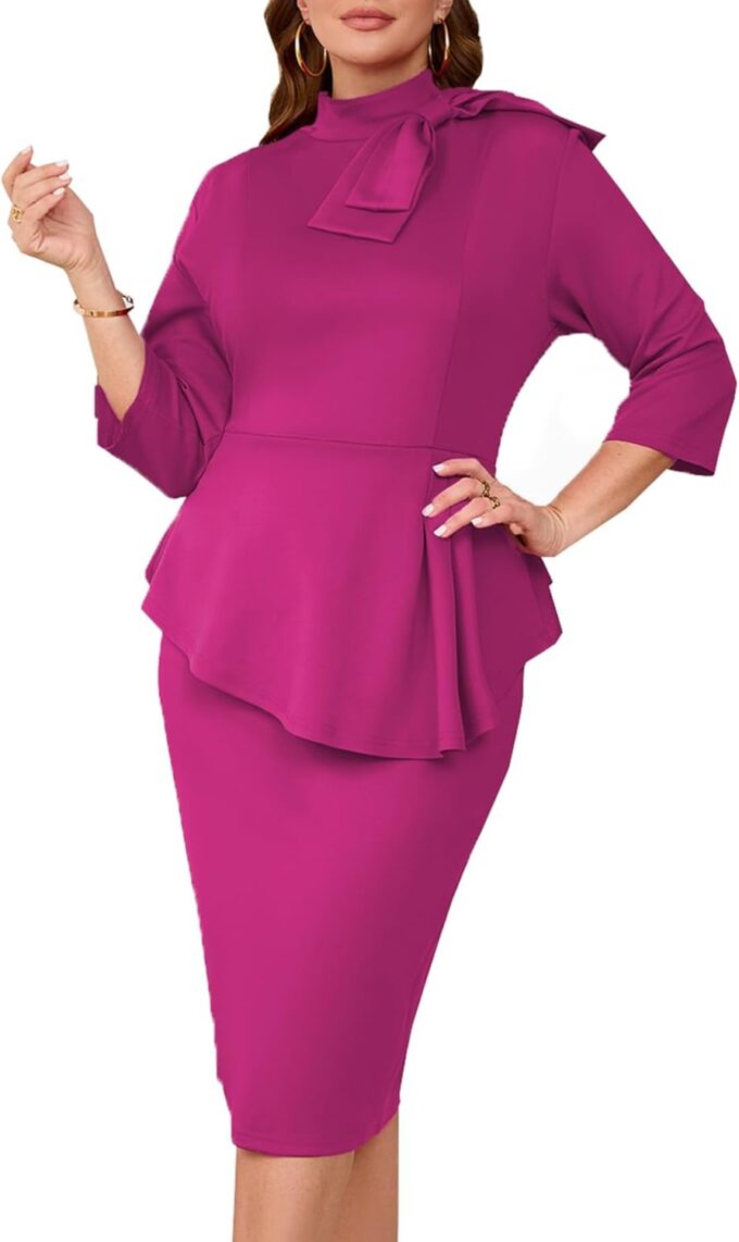 Plus Size Dress for Curvy Women Semi Formal Cocktail Party Midi Dress Bodycon Long Sleeve Bow Ruffle Pencil Dresses – Bild 4