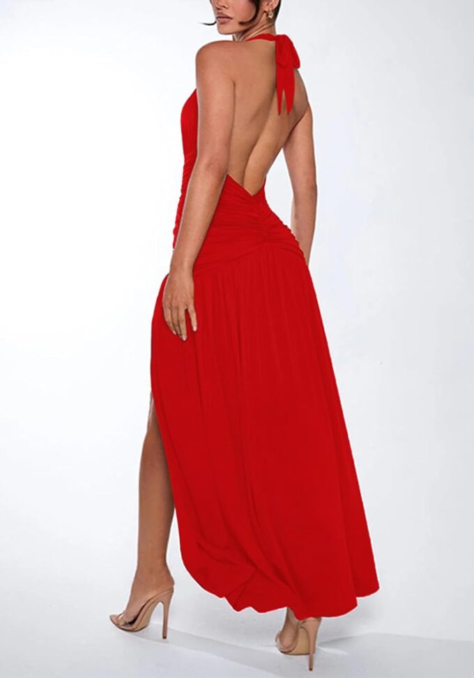 Tcremisa Womens Summer Halter Deep V Neck Maxi Dress Sexy Sleeveless Backless High Slit Long Cocktail Party Dresses – Bild 5