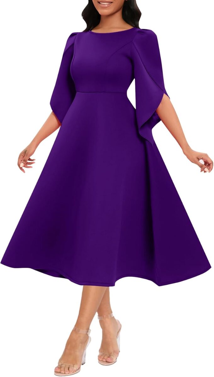 Women's Vintage Retro Tea Dress Round Neck High Waist Petal Sleeve A Line Cocktail Midi Dress – Bild 3
