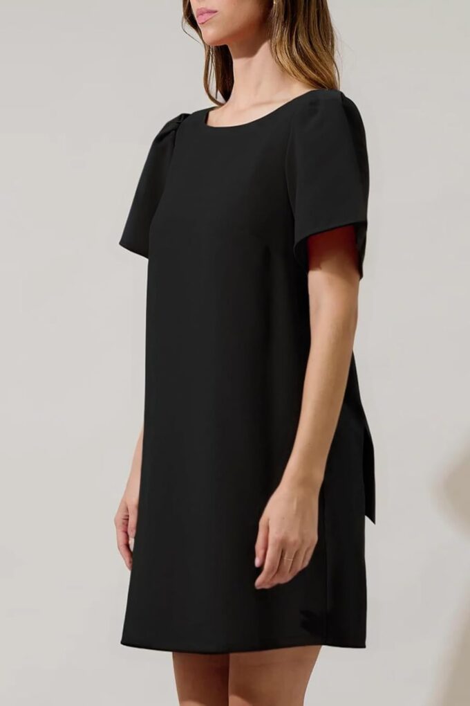 Kedera Women's Casual Mini Bow Crew Neck Short Sleeves Loose Dresses Swing Solid Shift Dress with Pockets – Bild 3