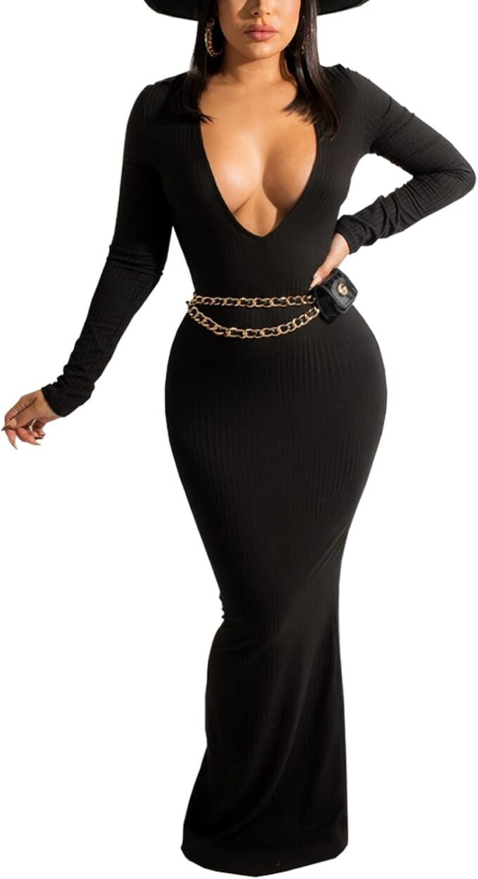Women's Casual Long Sleeves Bodycon Maxi Dress Plus Size Sexy Deep V Neck Club Night Party Sweater Ribbed Long Dresses