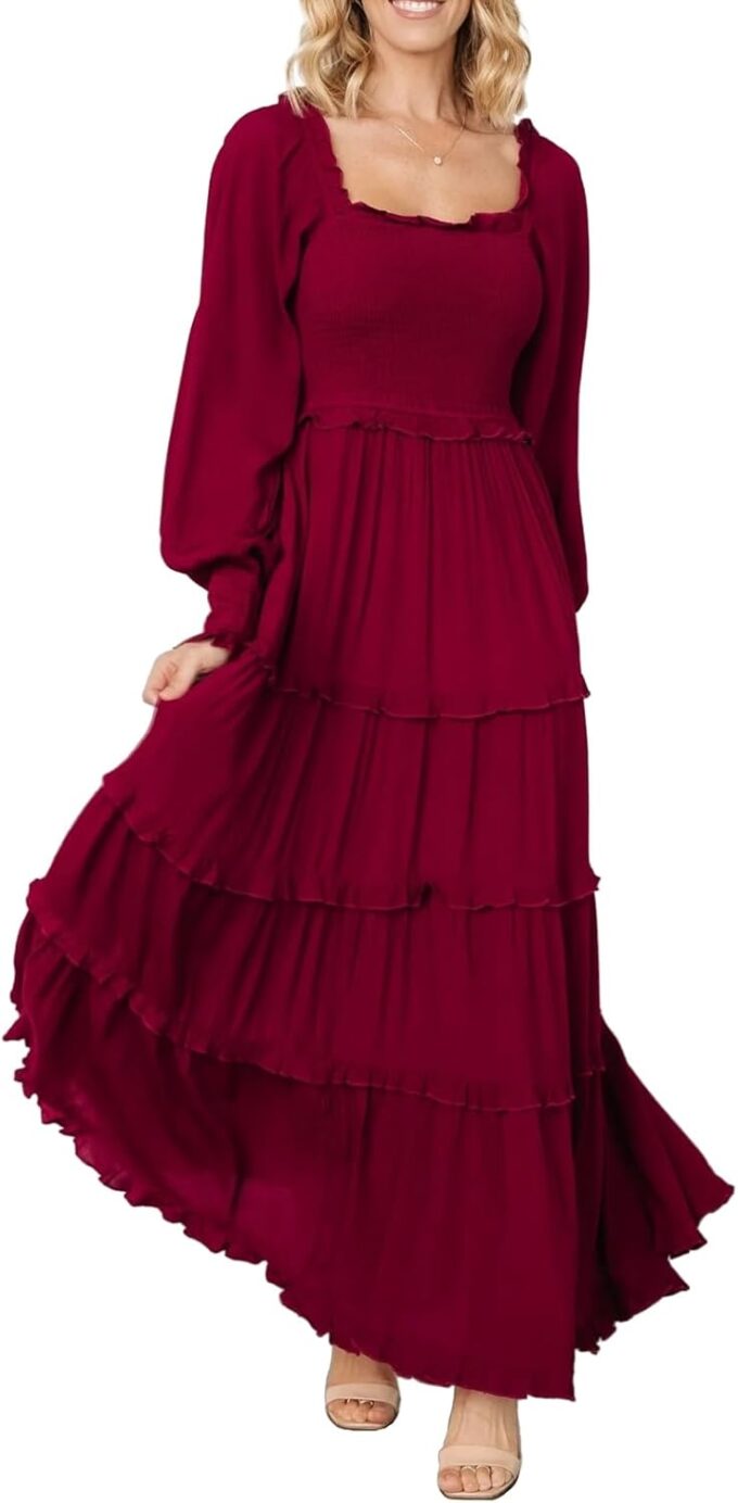 hibshaby Women Elegant Puff Long Sleeve Dress Square Neck Pleated A Line Dress Smocked Empire Waist Swing Flowy Long Dresses
