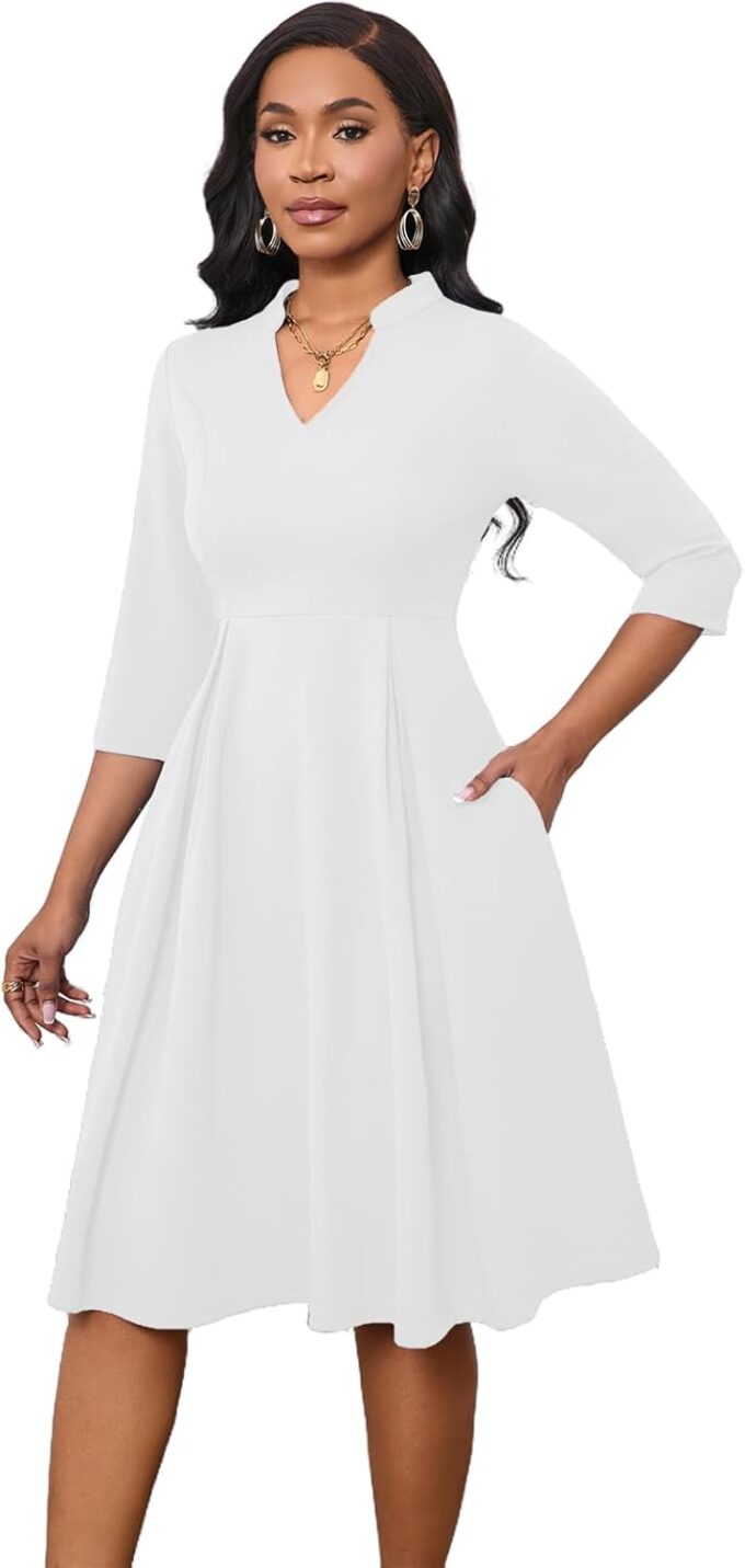 Max2co Midi Dresses for Women Semi Formal Fit and Flare A-Line Swing Dress 3/4 Sleeve Church Cocktail Dress with Pockets – Bild 6