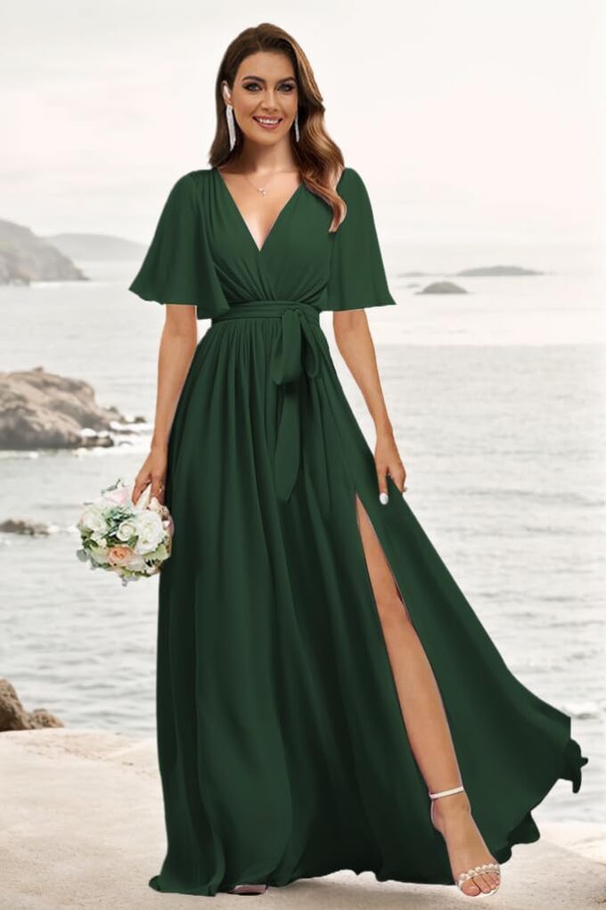 Flutter Sleeve Chiffon Bridesmaid Dresses Long with Pockets Slit V Neck Formal Dress for Women – Bild 5