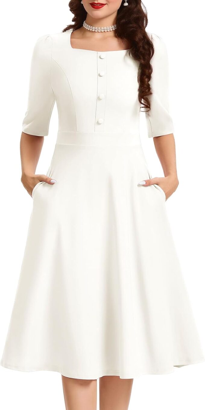 Bbonlinedress Vintage Cocktail Dress Women Formal Wedding Guest Church Modest Square Neck Tea Dress with 3/4 Sleeve
