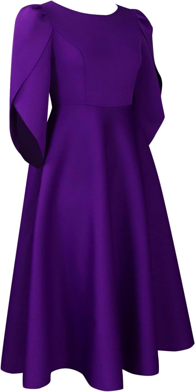Women's Vintage Retro Tea Dress Round Neck High Waist Petal Sleeve A Line Cocktail Midi Dress – Bild 6