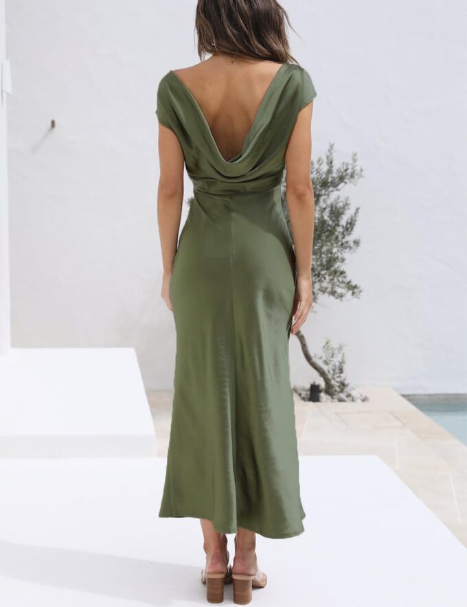 2025 Satin Cap Sleeve Cowl Back Summer Dresses for Women Elegant Ruched Waist Wedding Guest Midi Dress – Bild 4
