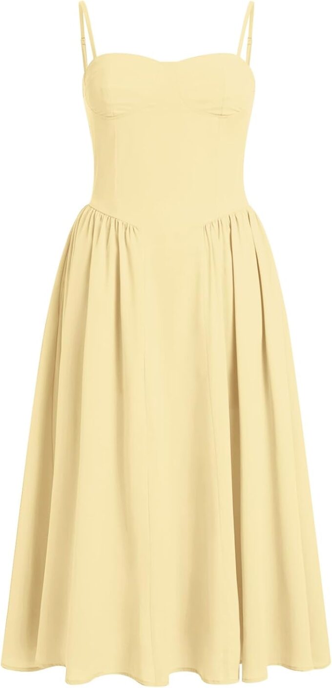 Women Floral Corset Dress Boho Spaghetti Strap Lace Up Casual Midi Dresses with Pockets Low Cut Flowy Bustier Sundress