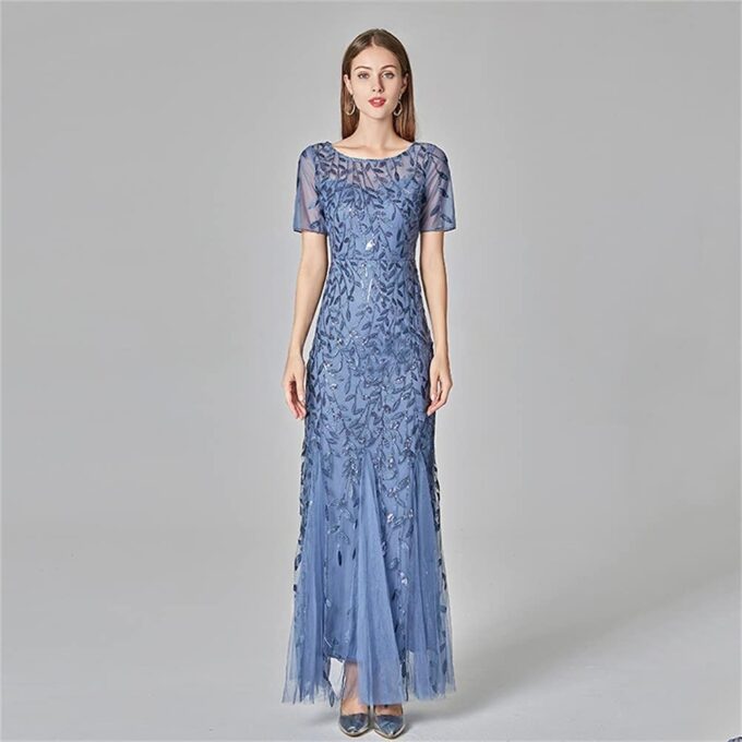 Women's Formal Dress Illusion Short Sleeve Crew Neck Sequin Embroidery Tulle Mermaid Evening Dresses – Bild 2