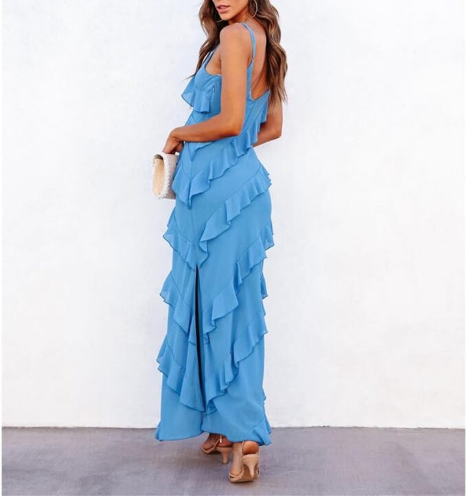 Women Summer Elegant Sling Midi Ruched Bodycon Dress Solid Color Backless Slim Party Cocktail Dresses – Bild 4