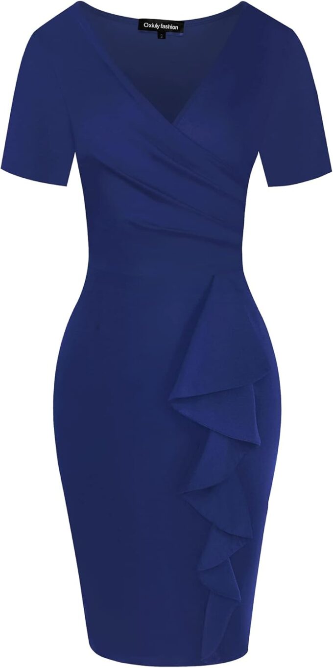 oxiuly OX300 Damen Kleid, V-Ausschnitt, schmal, Rüschensaum, Cocktail-Party, Etuikleid, Bleistiftkleid – Bild 2