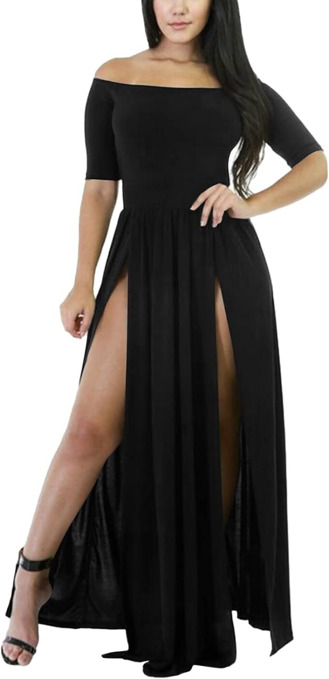 Vrtige Women's Sexy Off Shoulder High Split Short Sleeve Flowy Cocktail Maxi Long Dress – Bild 2