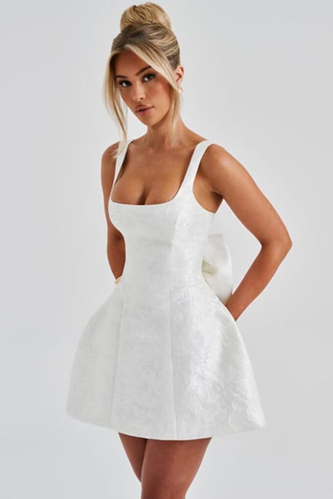 Jacquard Satin Homecoming Dresses Square Neck Mini Bow Dress Short Prom Cocktail Party Gowns – Bild 3