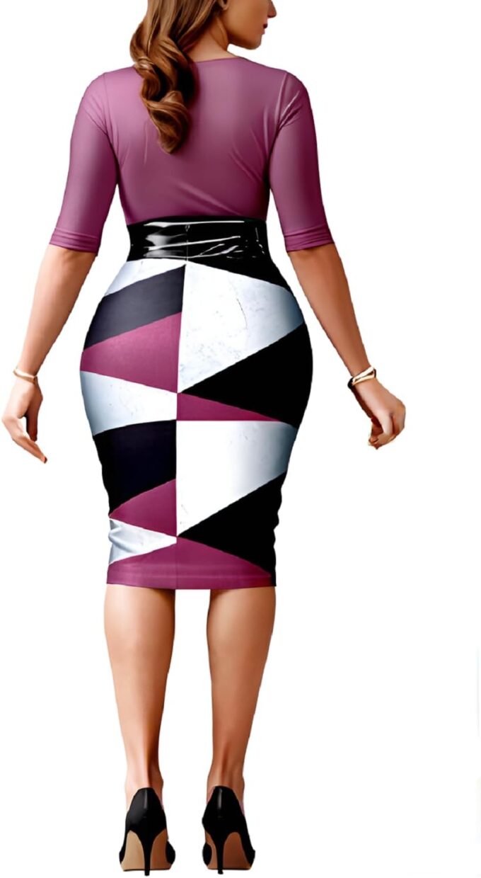 Glozeplus Bodycon Dresses for Women Sexy Pencil Business Work Floral Print Midi Dress Fashion with Belt – Bild 2