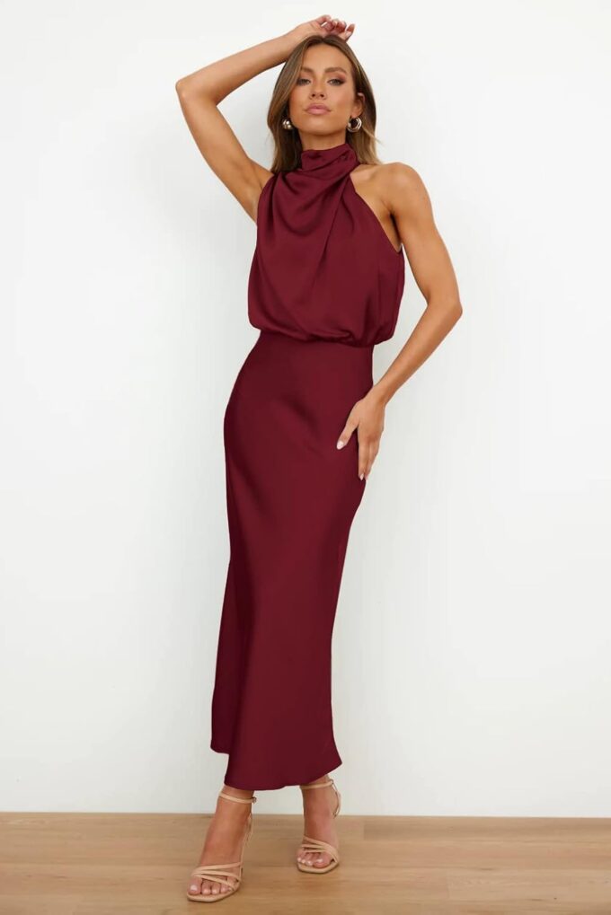 Plustrong Women‘s Summer Satin Dress Sleeveless Mock Neck Formal Cocktail Party Wedding Guest Maxi Dresses – Bild 5