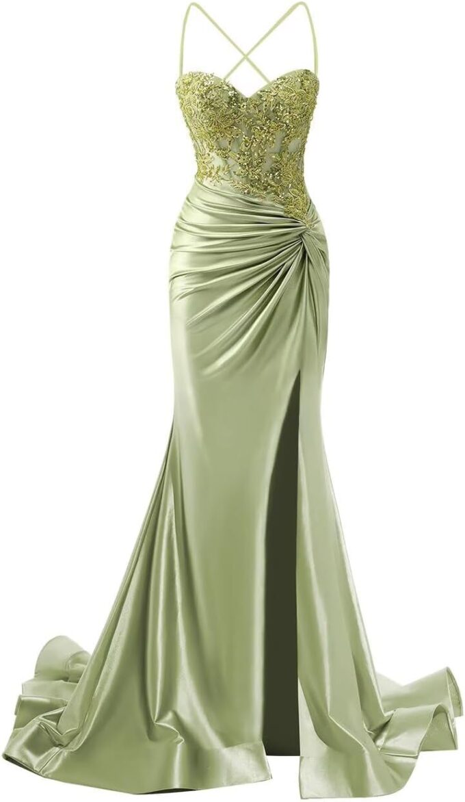 Clothfun Mermaid Spaghetti Strap Prom Dresses for Women Satin Lace Applique Ruched Evening Party Gown with Slit CY150 – Bild 3