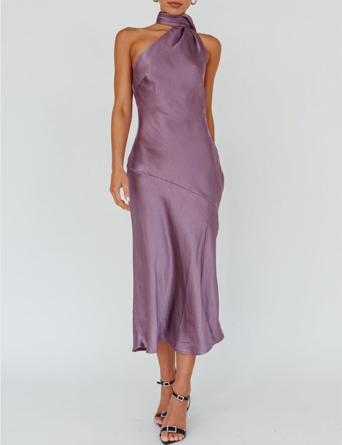 Sexy Satin Backless Halter Wedding Guest Dresses for Women Sleeveless Elegant Cowl Back Slit Midi Cocktail Dress Evening Gown – Bild 4