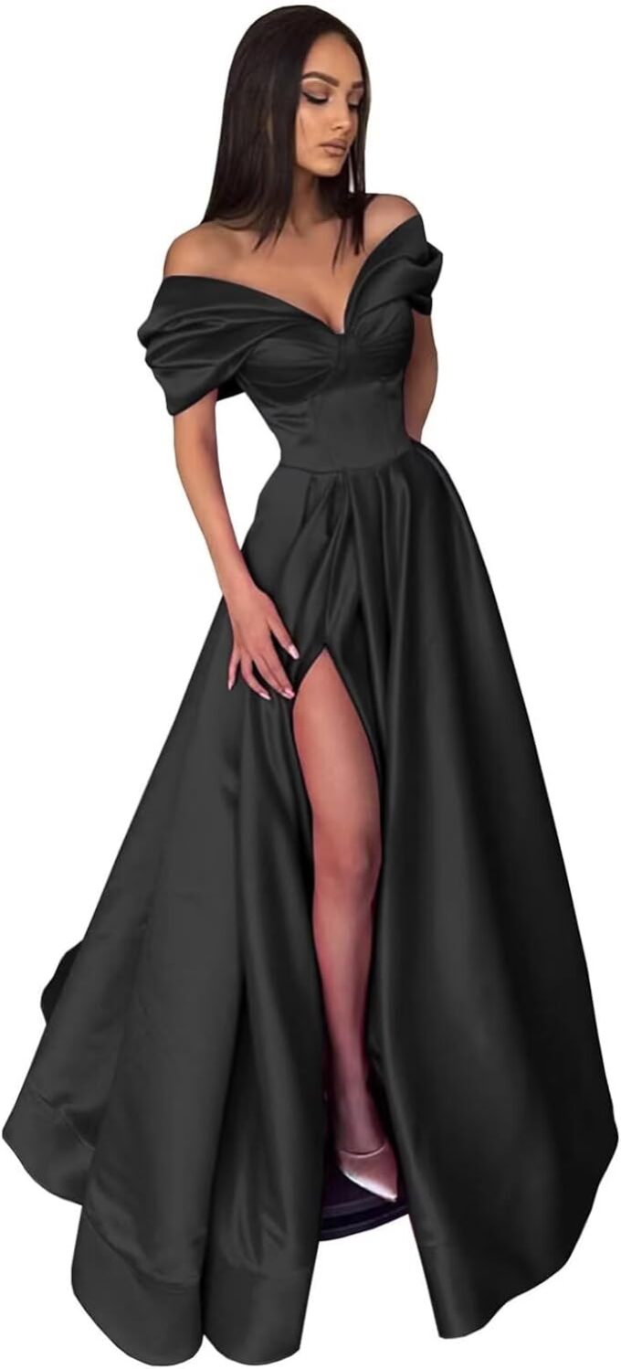 Women's Off The Shoulder Satin Prom Dress with Pockets Long Backless A-Line Formal Evening Gowns with Slit