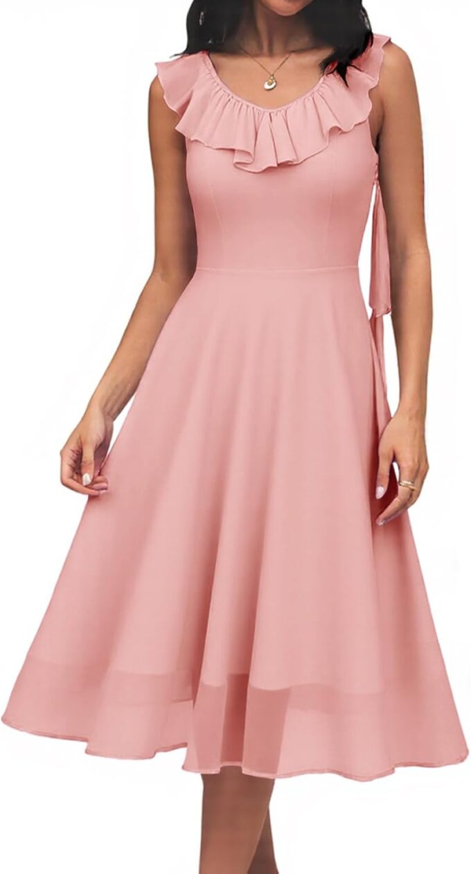 HomRain Formal Dress Spring Collection Church Pink Blush Ruffle Dresses for Women 2025 Elegant Ruffle Midi Gown for Party Blush XL