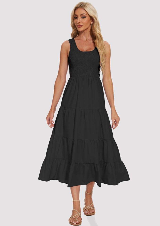 Women's Summer Smocked Maxi Dresses Sleeveless U Neck Ruffle Hem Tiered A Line Flowy Dress – Bild 4