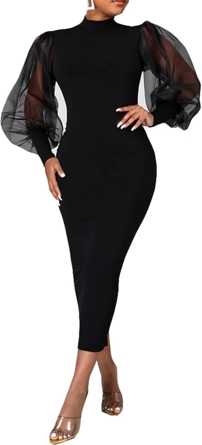 Ekaliy Women's See Through Bodycon Dress Sheer Mesh Long Puff Lantern Sleeve Dress Sexy Club Party Midi Dress Clubwear
