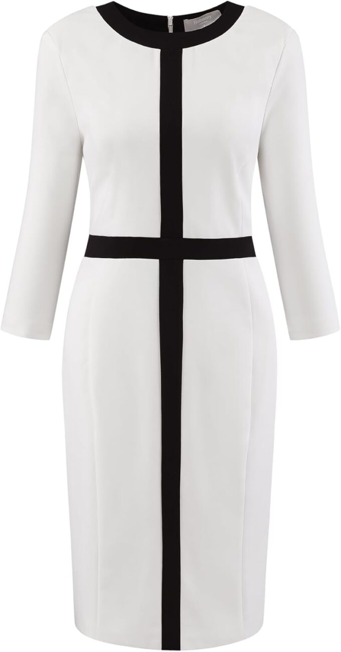 Hobemty Damen Colorblock Etuikleid Winter Kontrastfarbe Langarm Bleistiftkleider