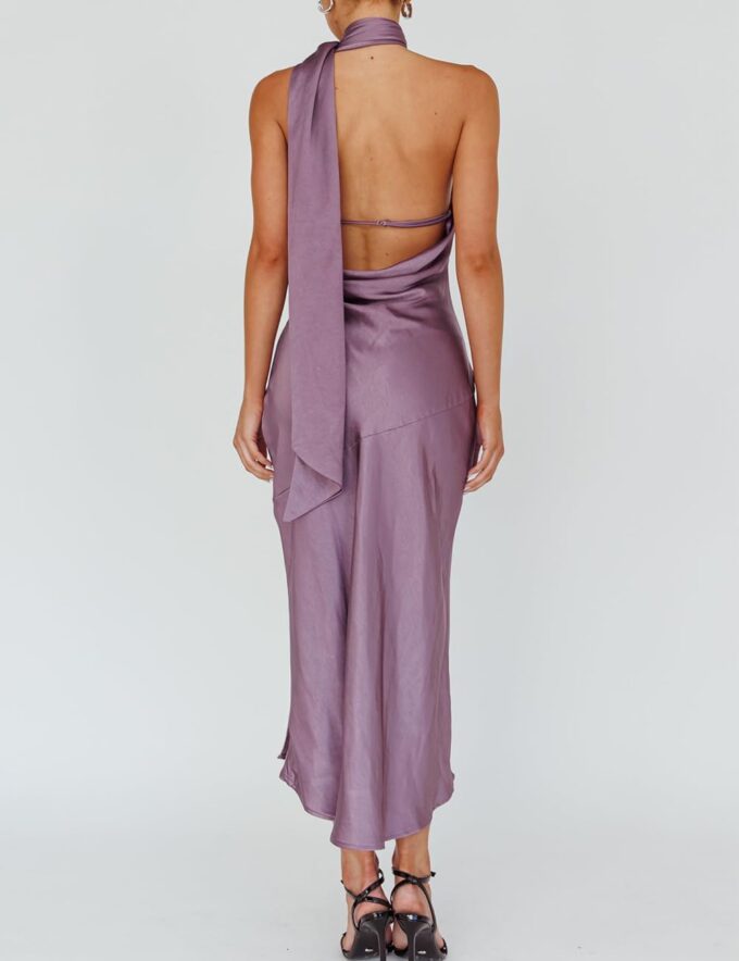 Sexy Satin Backless Halter Wedding Guest Dresses for Women Sleeveless Elegant Cowl Back Slit Midi Cocktail Dress Evening Gown – Bild 2