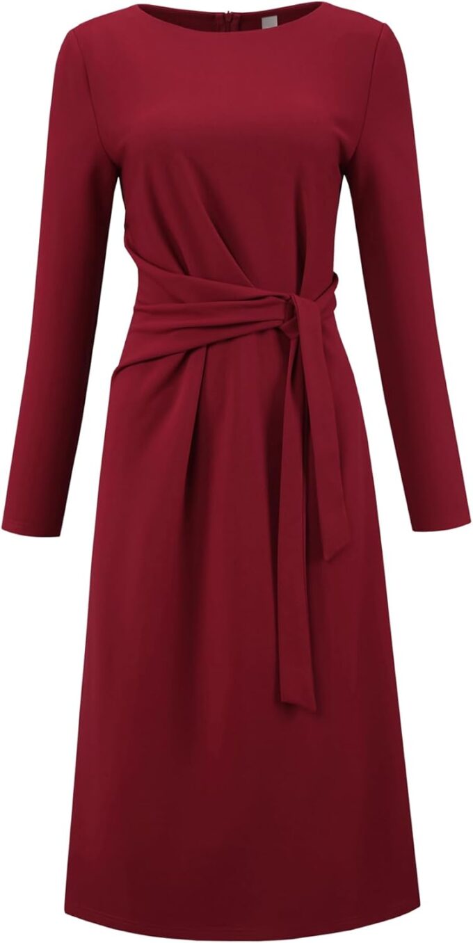 Hobemty Knielanges Bleistiftkleid für Damen, lange Ärmel, zum Binden an der Taille, Kirche, Arbeit, Etuikleider