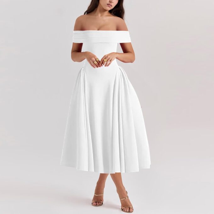 Women's Summer Off Shoulder Fit and Flare Midi Dress - Sleeveless Sexy A Line Corset Club Party Going Out Dresses – Bild 2