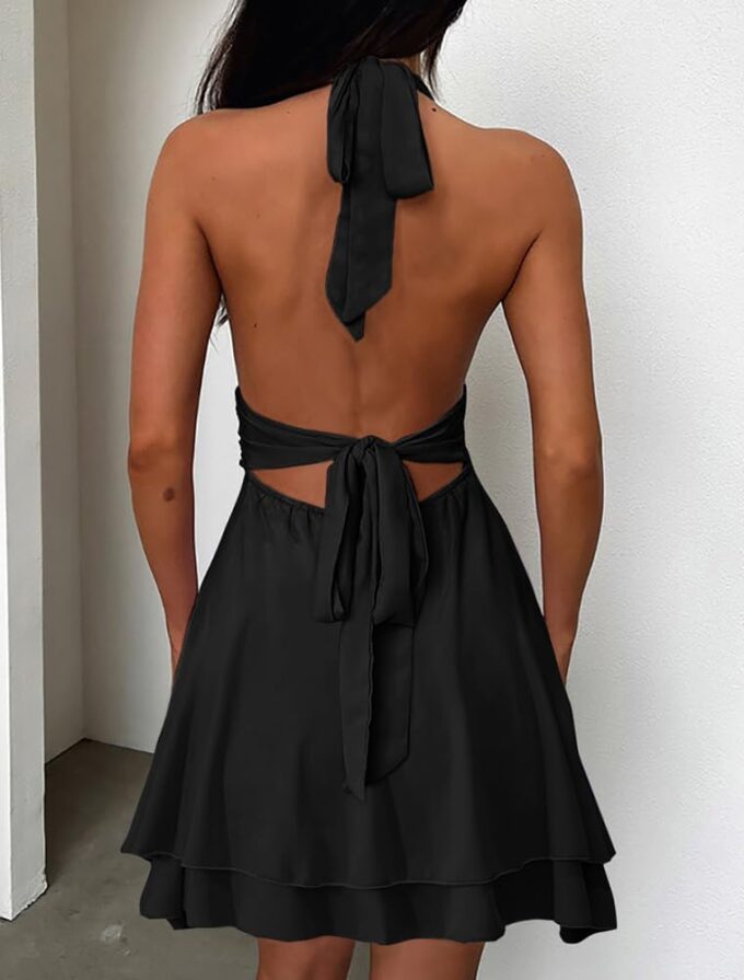 Women's Halter Deep V Neck A-line Mini Dress Ruched Waist Short Party Dresses – Bild 5