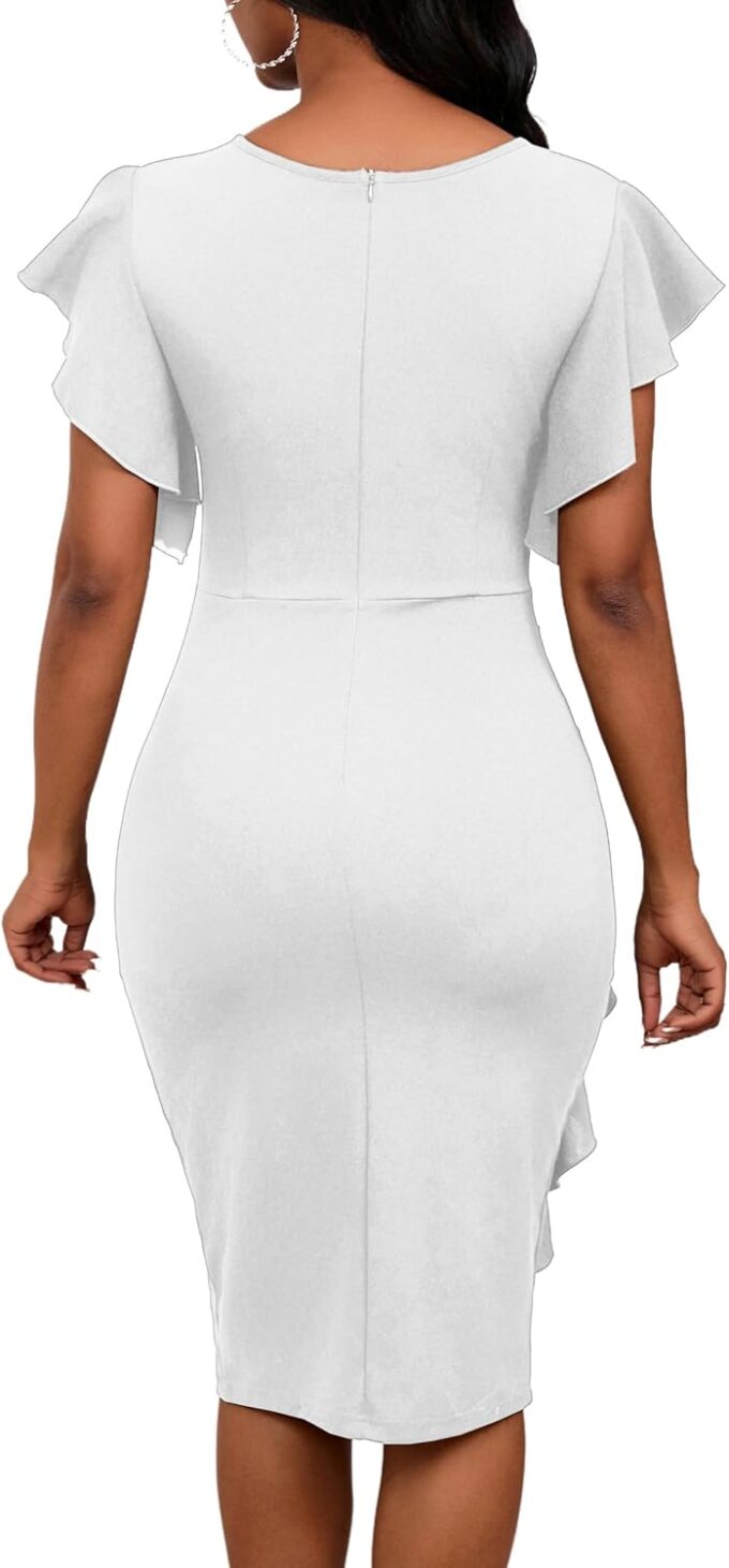 Womens Short Ruffle Sleeve Church Dress 50S Vintage Crew Neck Bodycon Work Pencil Midi Dress – Bild 6