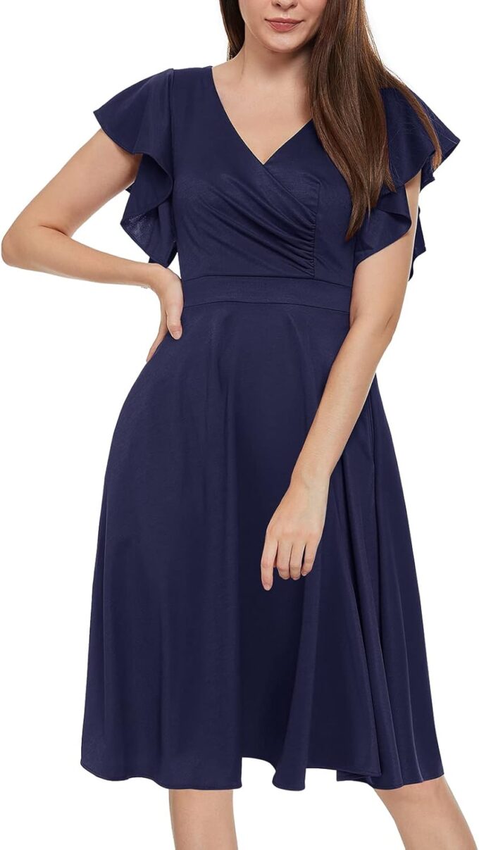 Women's Cocktail Dress Wrap V Neck Ruffle Short Sleeve A Line Work Formal Wedding Guest Midi Dress with Pockets – Bild 4
