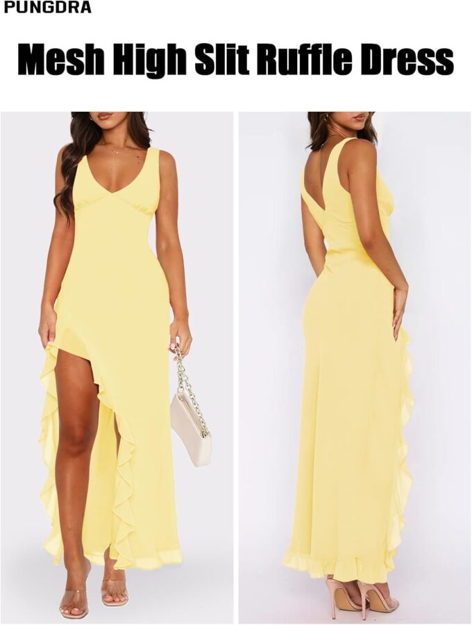 Women's Sexy V Neck Mesh Ruffles Hem High Slit Bodycon Maxi Dress for Women Formal Cocktail Wedding Guest Dresses – Bild 2