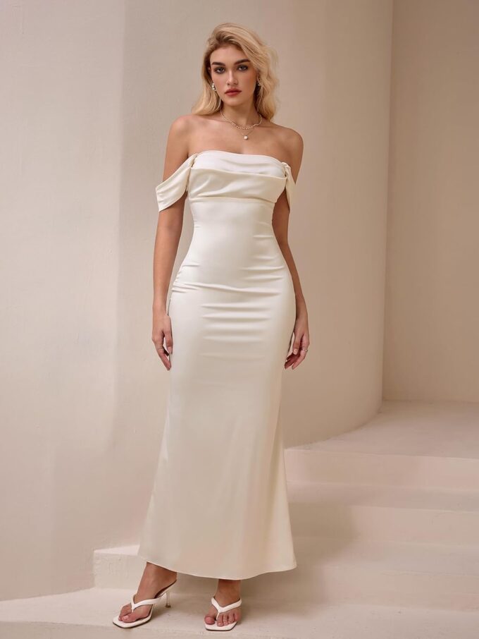 KUTUMAI Women Off Shoulder Satin Maxi Dress Elegant Ruched Bodycon Long Cocktail Formal Wedding Guest Dresses – Bild 2