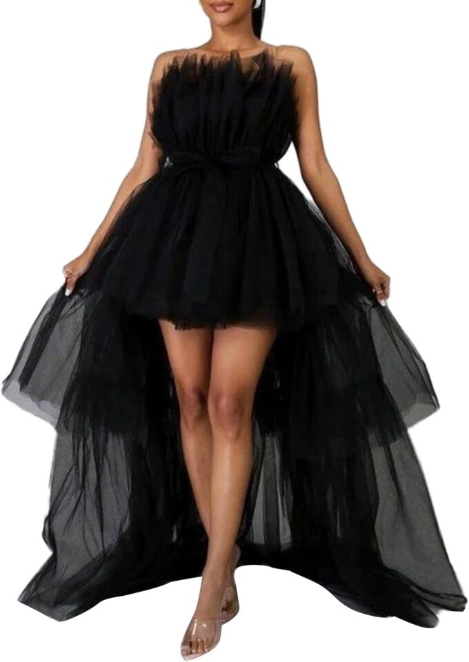 Women's High Low Tulle Dress Strapless Solid Color Tiered Cocktail Party Dress Prom Gown – Bild 2