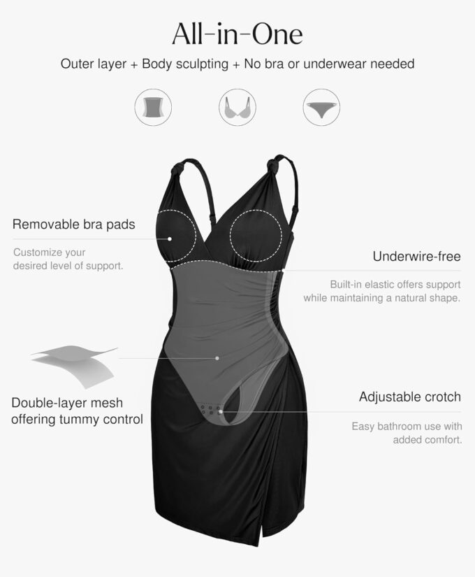 Popilush Mini Dress for Women Built in Shapewear Thong V Neck Summer Party Dress Side Slit Cocktail Dress – Bild 4