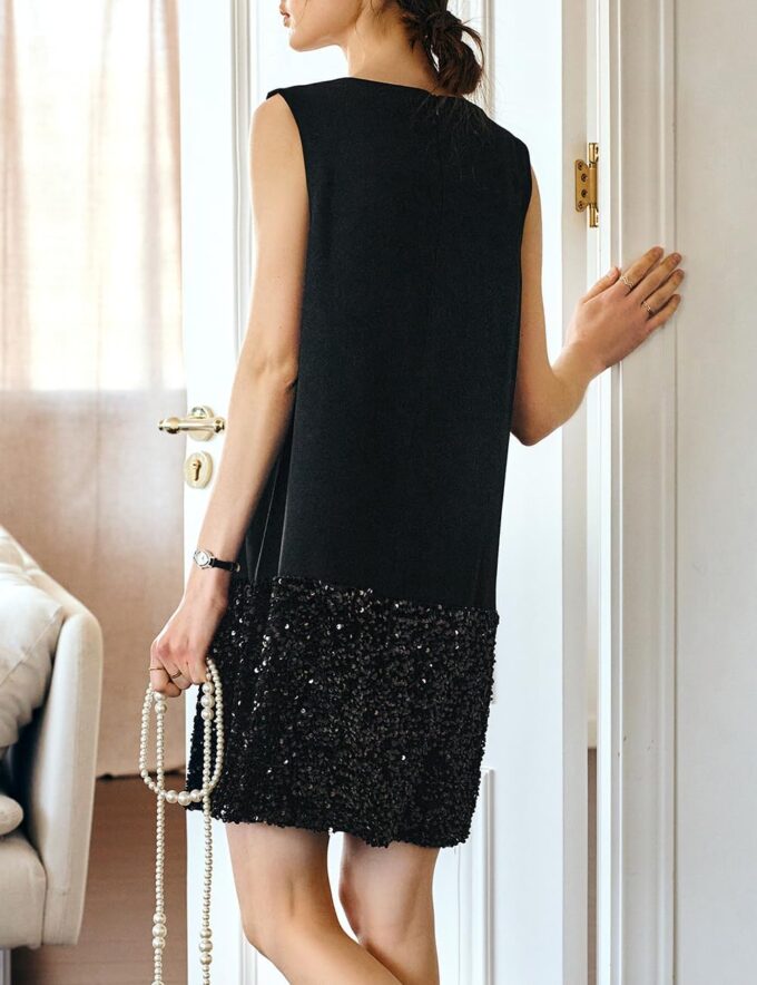 Women's Black Sequined Mini Dress, Round Neck Sleeveless Summer Graduation Party Birthday Nightclub Little Black Dress – Bild 2