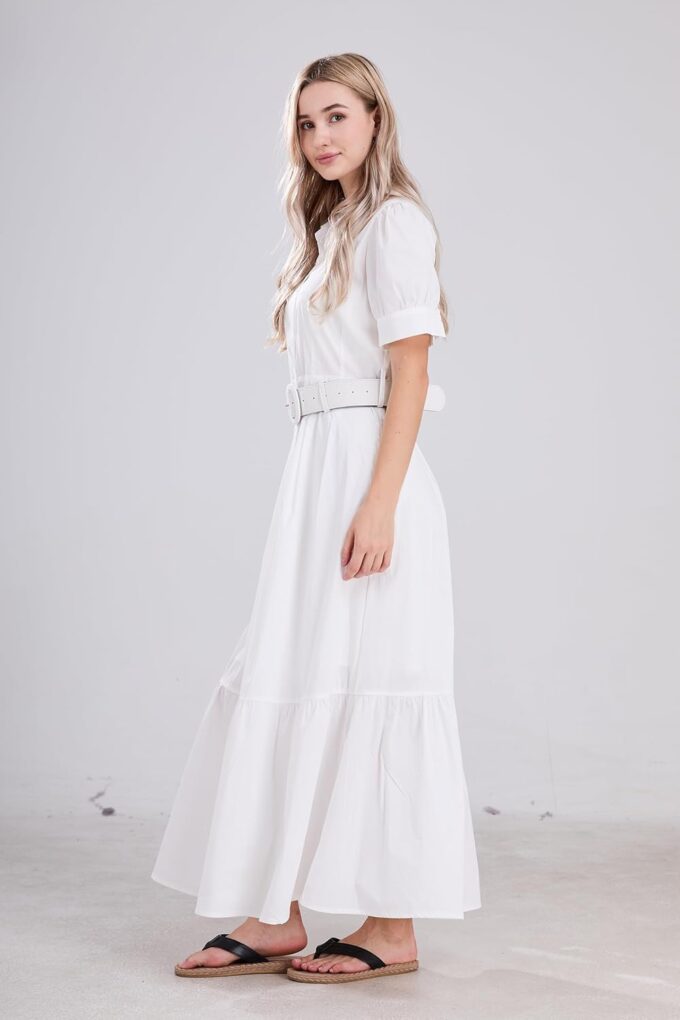 utcoco Womens Striped Button Down Shirt Dress Casual Puff Short Sleeve Ruffle Hem Maxi Dresses with Belt – Bild 6