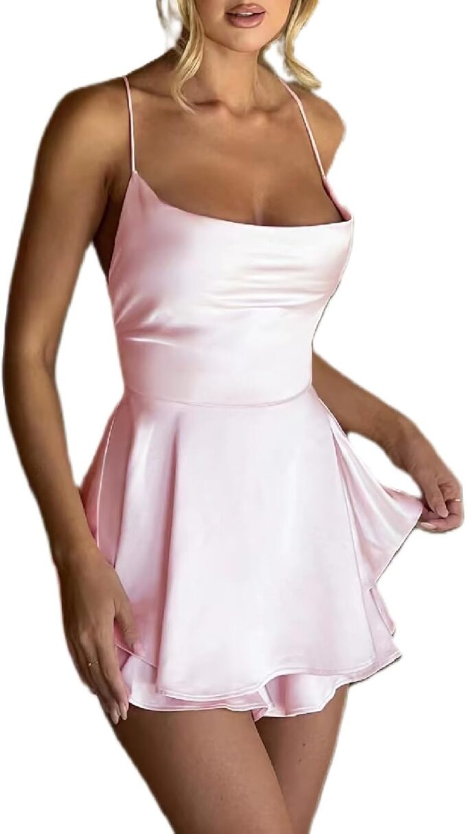 Women's Sexy Satin Mini Dress Sleeveless Tie Backless Cowl Neck Cocktail Party Silk Mini Cami Dress – Bild 3