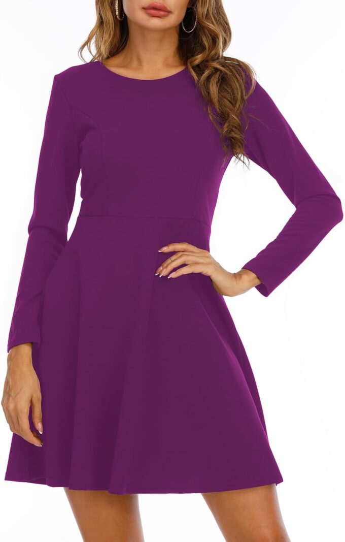 Jusfitsu Langärmeliges Damenkleid, lässig, schlicht, A-Linie, knielang, Rock, schmale Passform, Skaterkleid – Bild 2