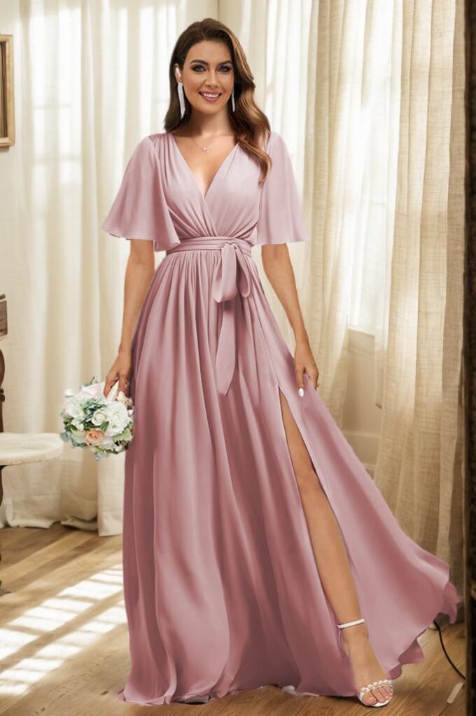 Flutter Sleeve Chiffon Bridesmaid Dresses Long with Pockets Slit V Neck Formal Dress for Women – Bild 6