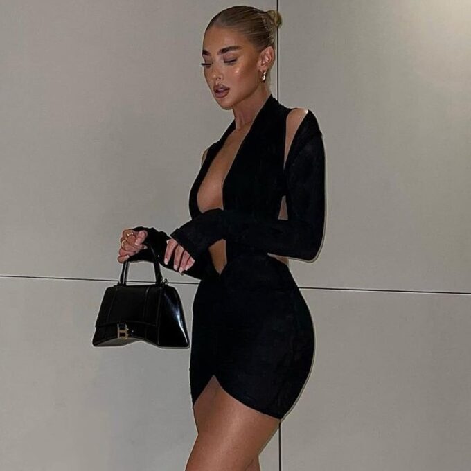 Women Sexy Deep V Neck Long Sleeve Backless Dress Cut Out Bodycon Ruched Mini Club Dresses – Bild 2