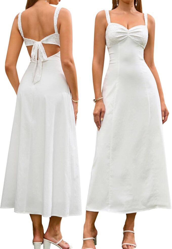 EYNMIN Lace Strap Midi Dress Sweetheart Neckline Bow Tie Backless A Line Wedding Guest Dresses for Women Casual Sundress